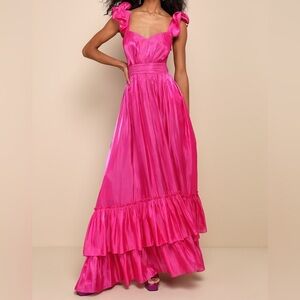 Lulus Pristine Glow Magenta Pink Ruffled Tie-Back Maxi Dress Size XL